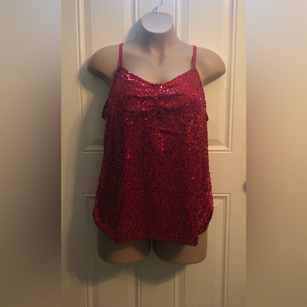 Lane Bryant Red Sequin Cami Tank Spaghetti Adjustable Straps Ruched Bust 22/24